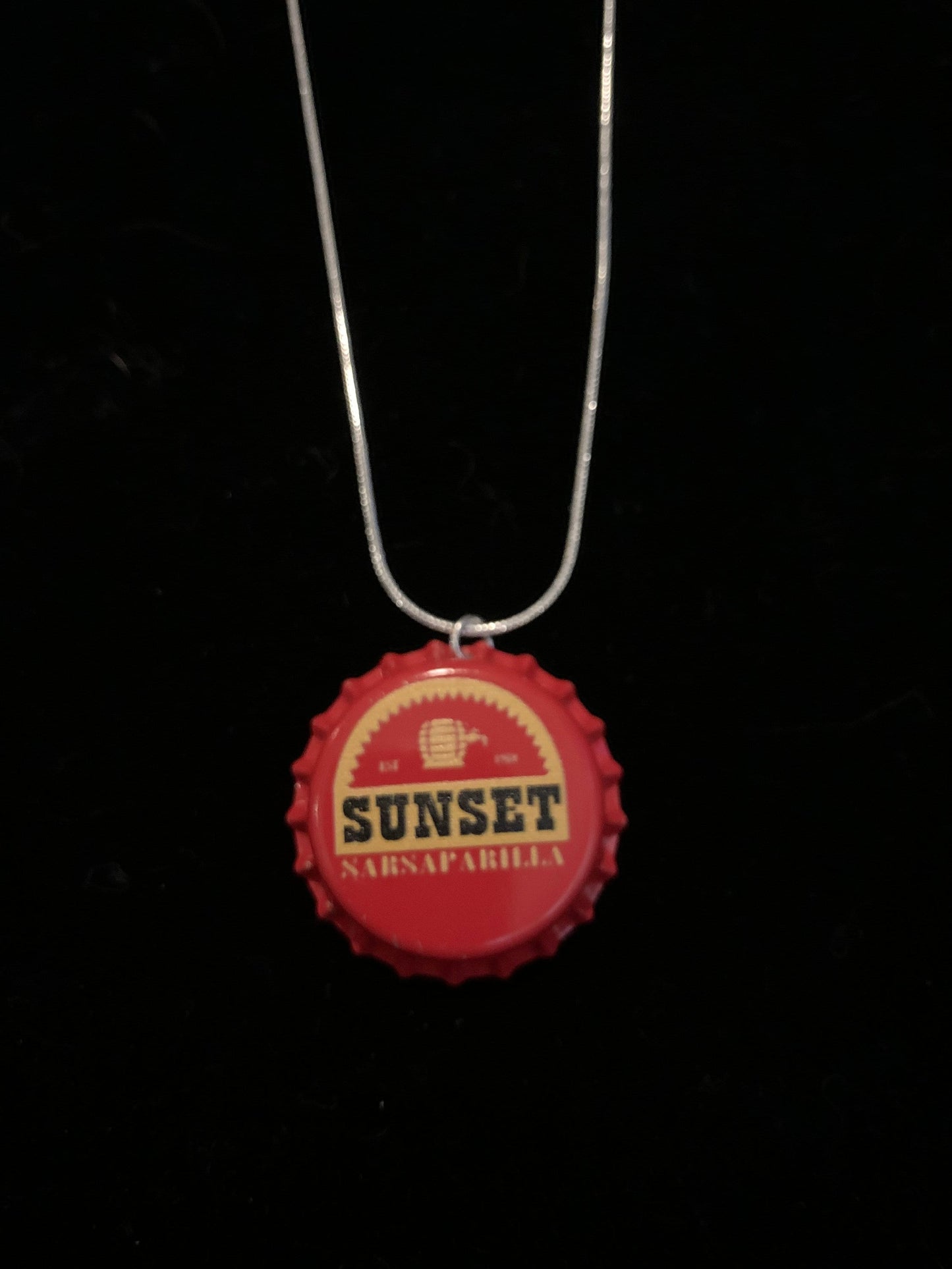 Sunset Sarsaparilla Bottle Cap Necklace.