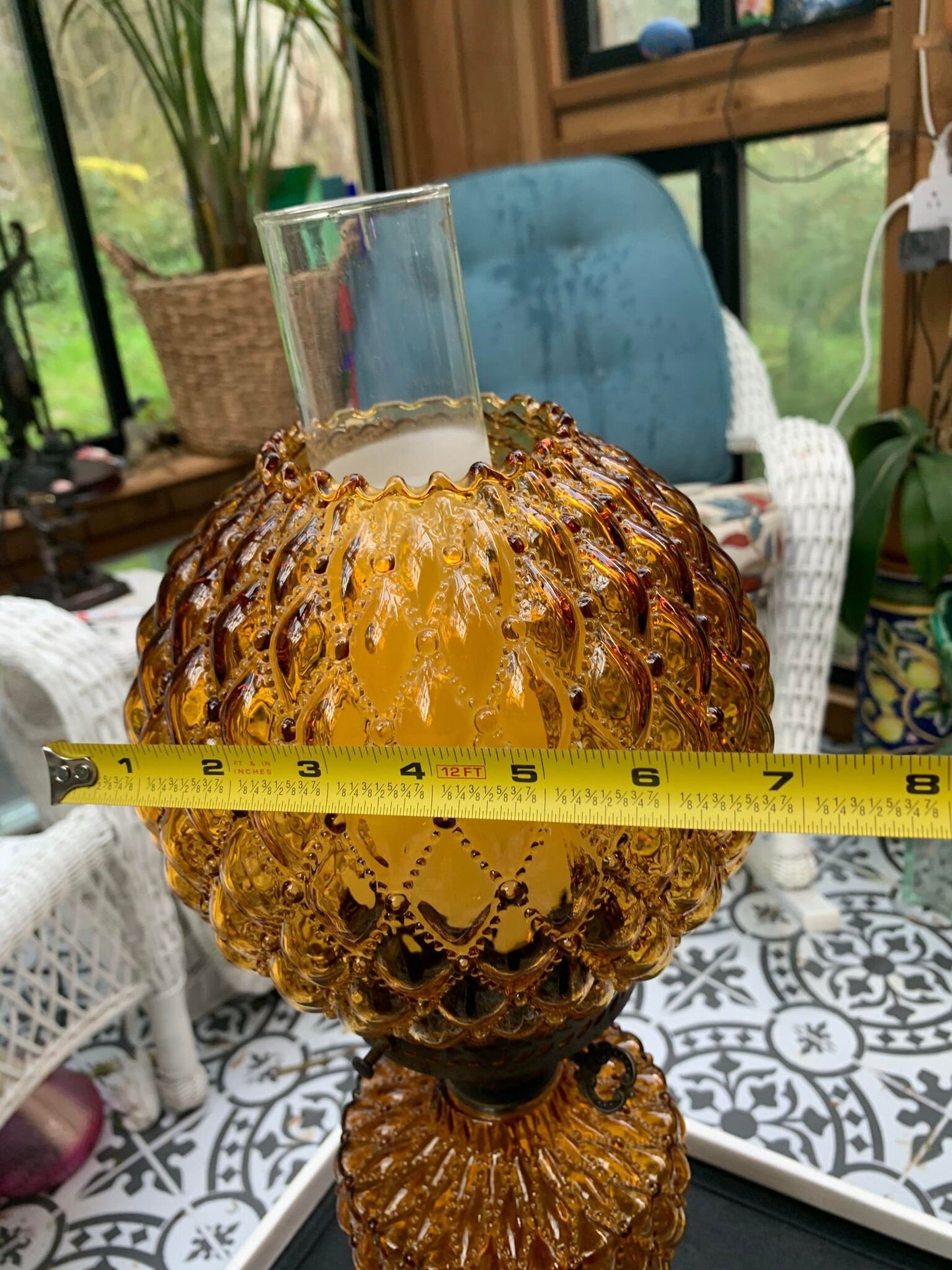 Vintage Fenton Diamond Quilted Pattern Amber Glass Hurricane Lamp