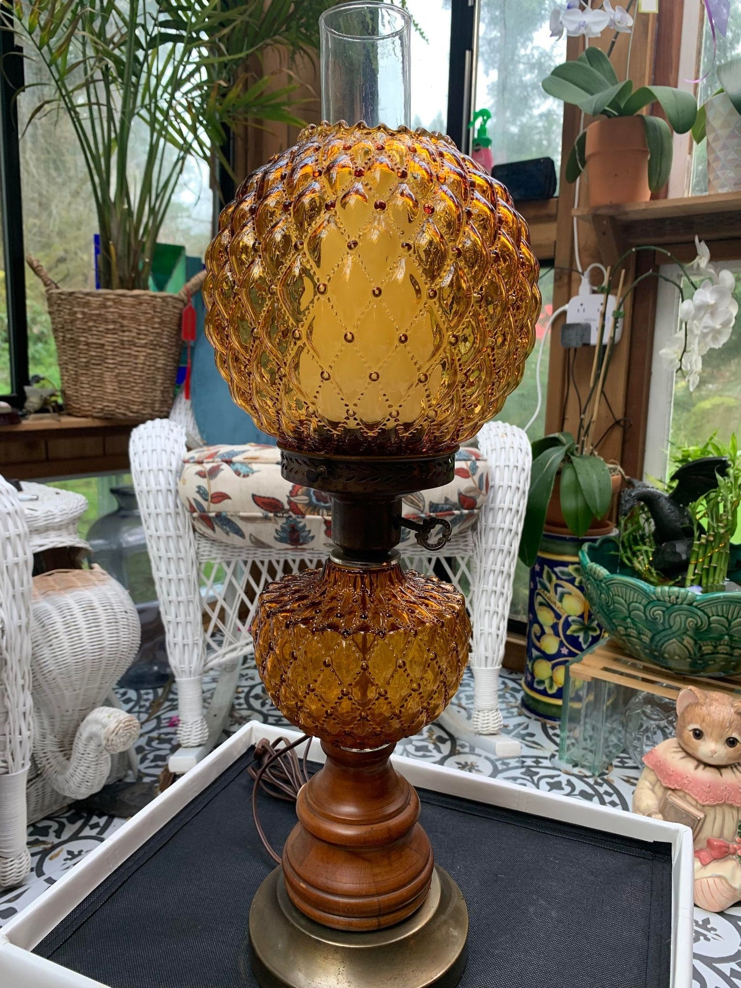 Vintage Fenton Diamond Quilted Pattern Amber Glass Hurricane Lamp