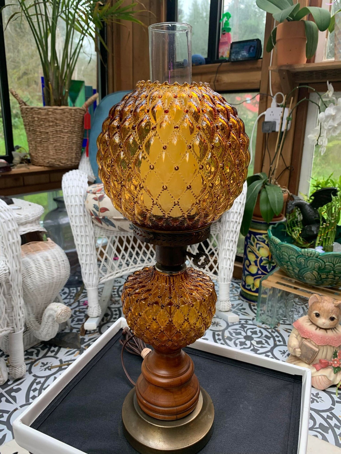 Vintage Fenton Diamond Quilted Pattern Amber Glass Hurricane Lamp
