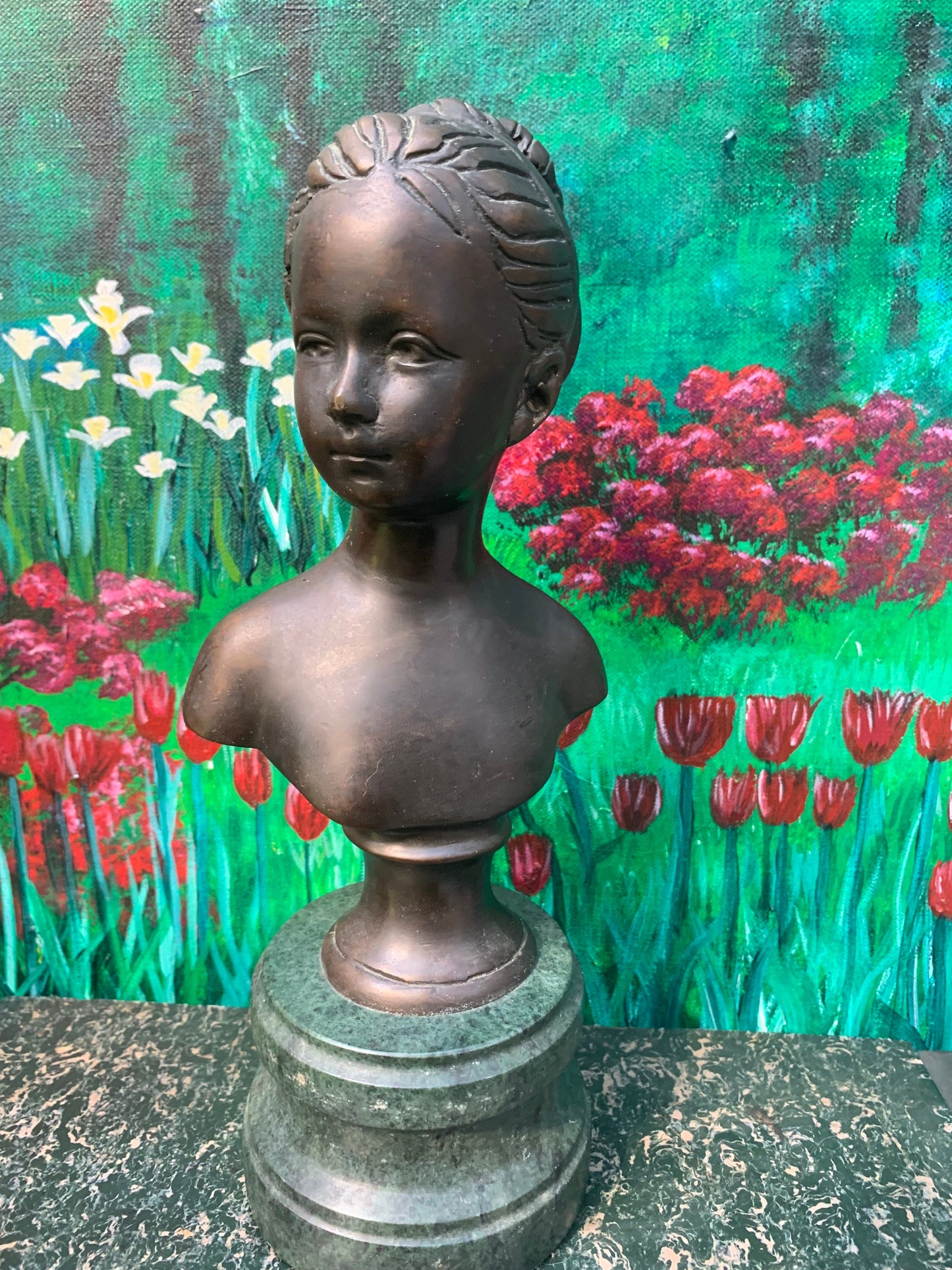 Antique Bronze Bust Bianchi Ruggeri Italy 11” on Marble Pedestal.