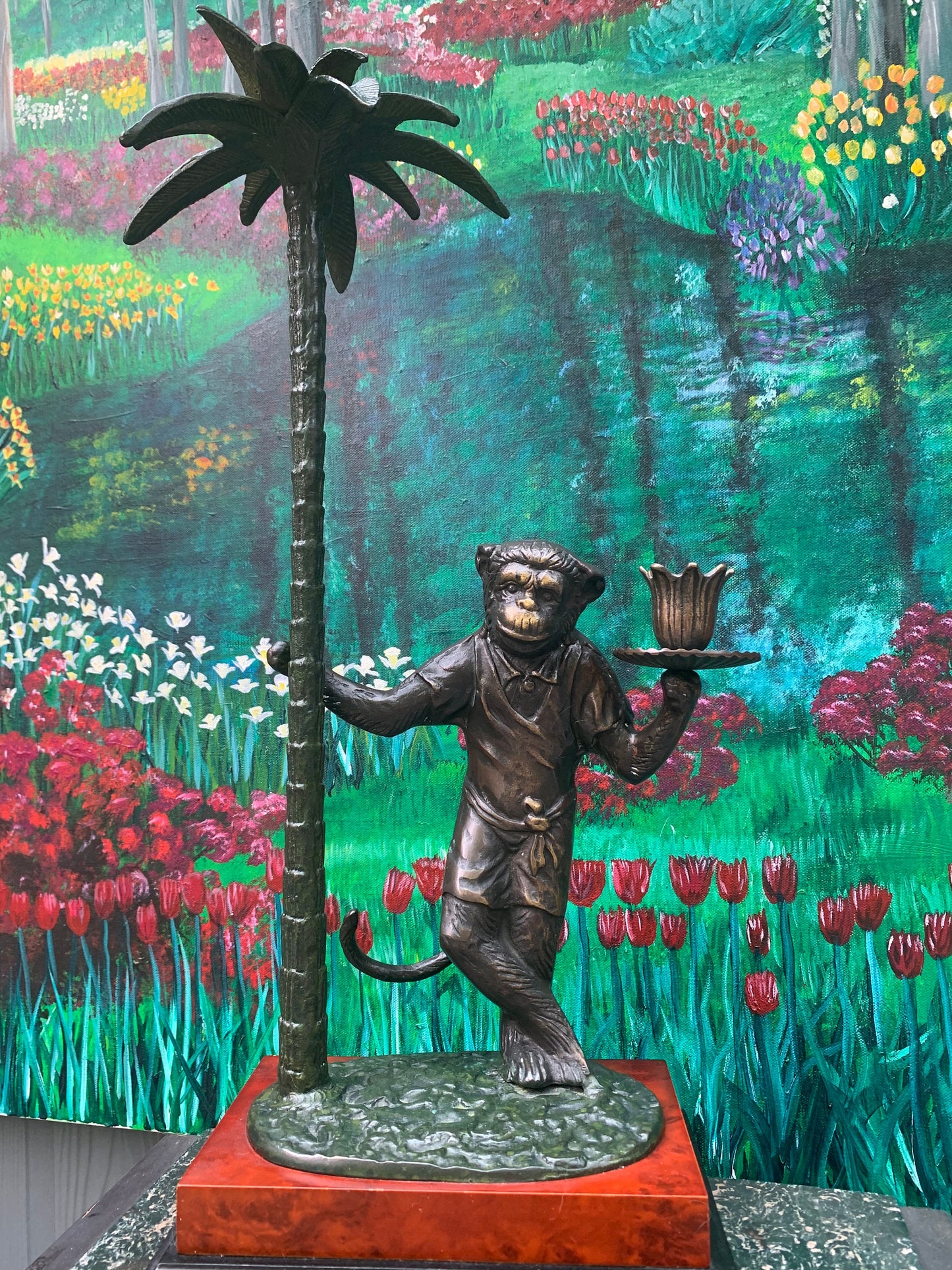 Monkey Candle Holder Cast Tinted Metal 19 inches tall and heavy I