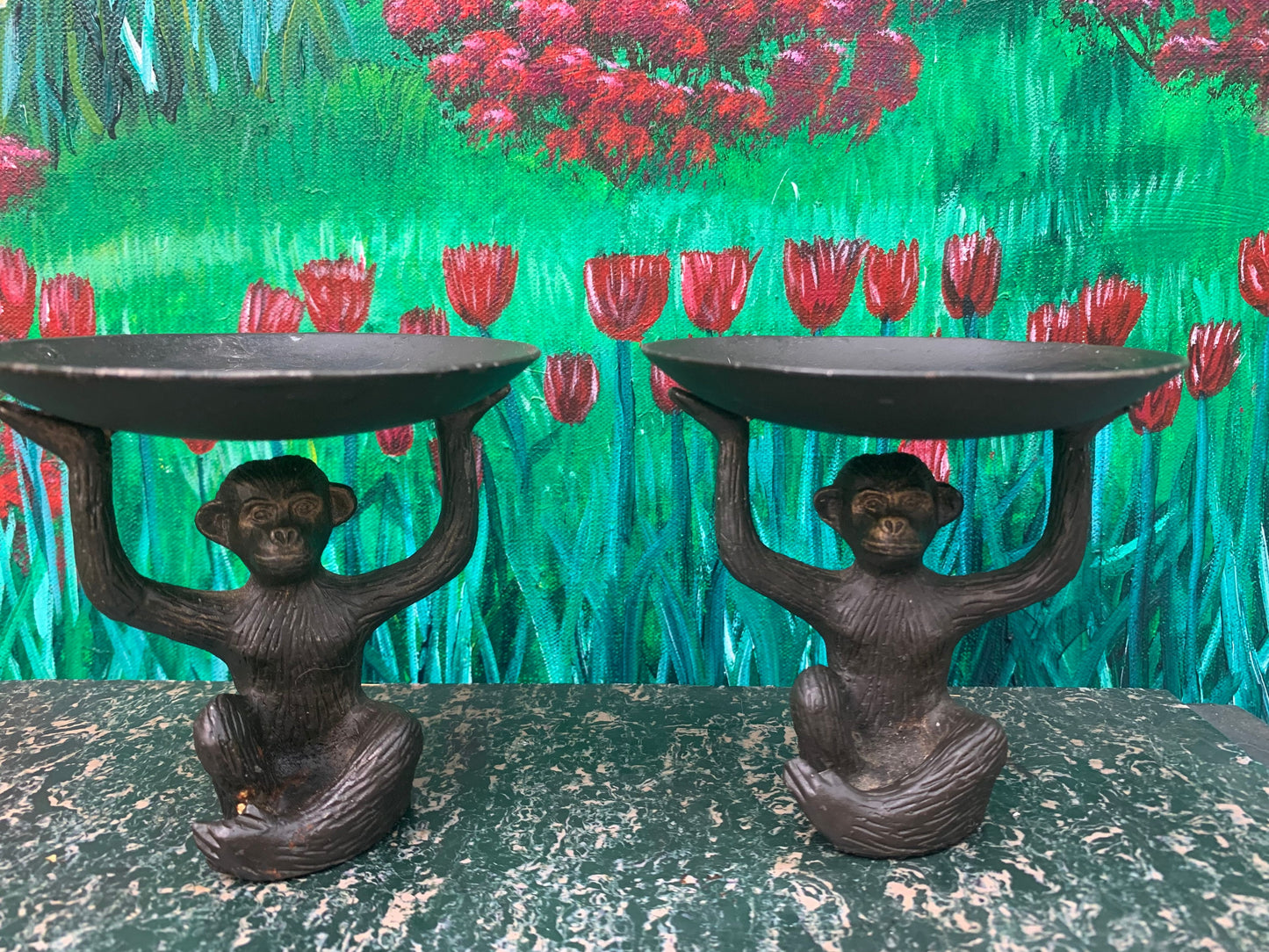 Set of Rare Vintage Monkey Candle Holders cast metal