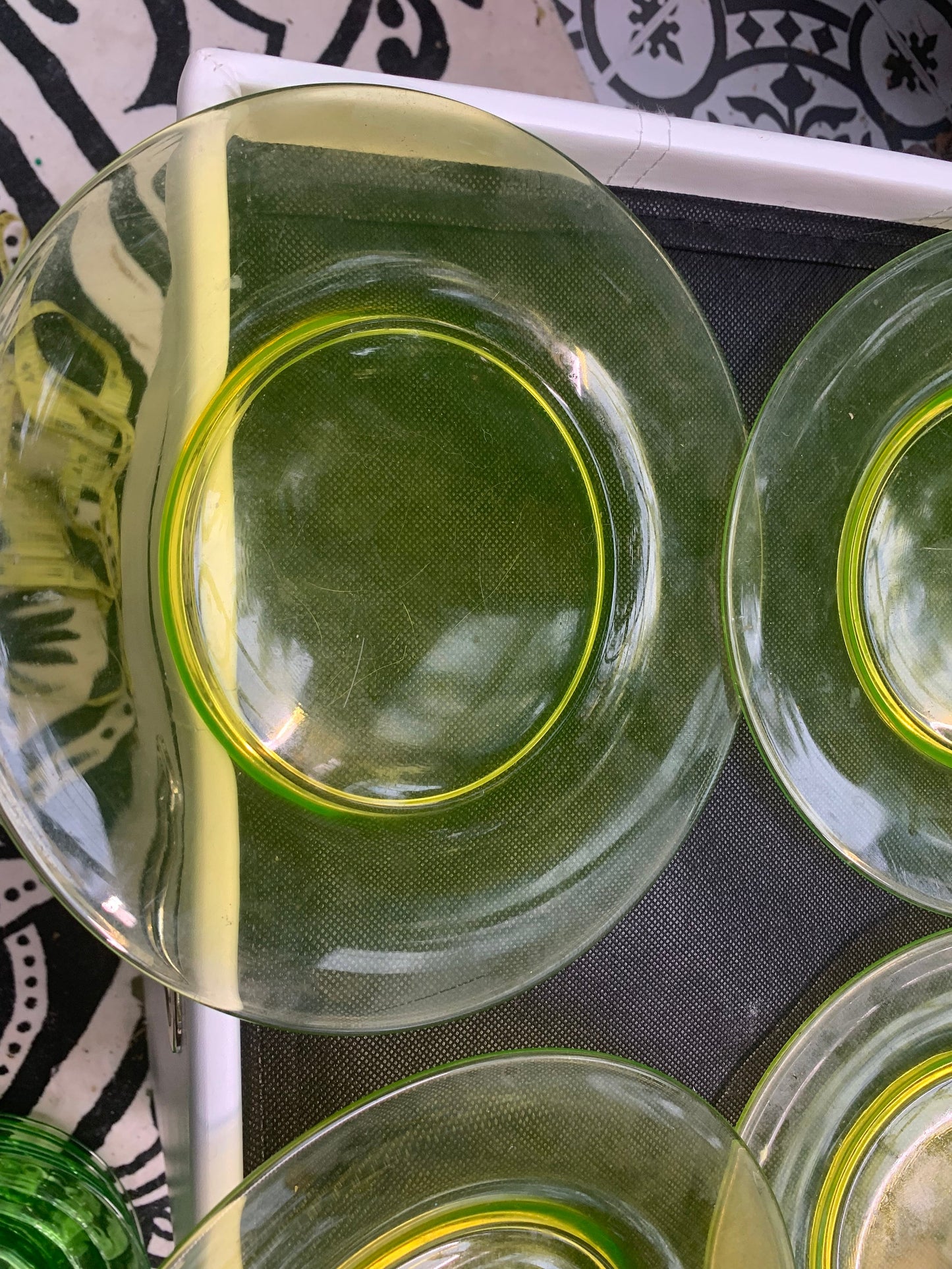 Set of 4 Vaseline Uranium Glass Plates Lovely Yellow Bright Glow