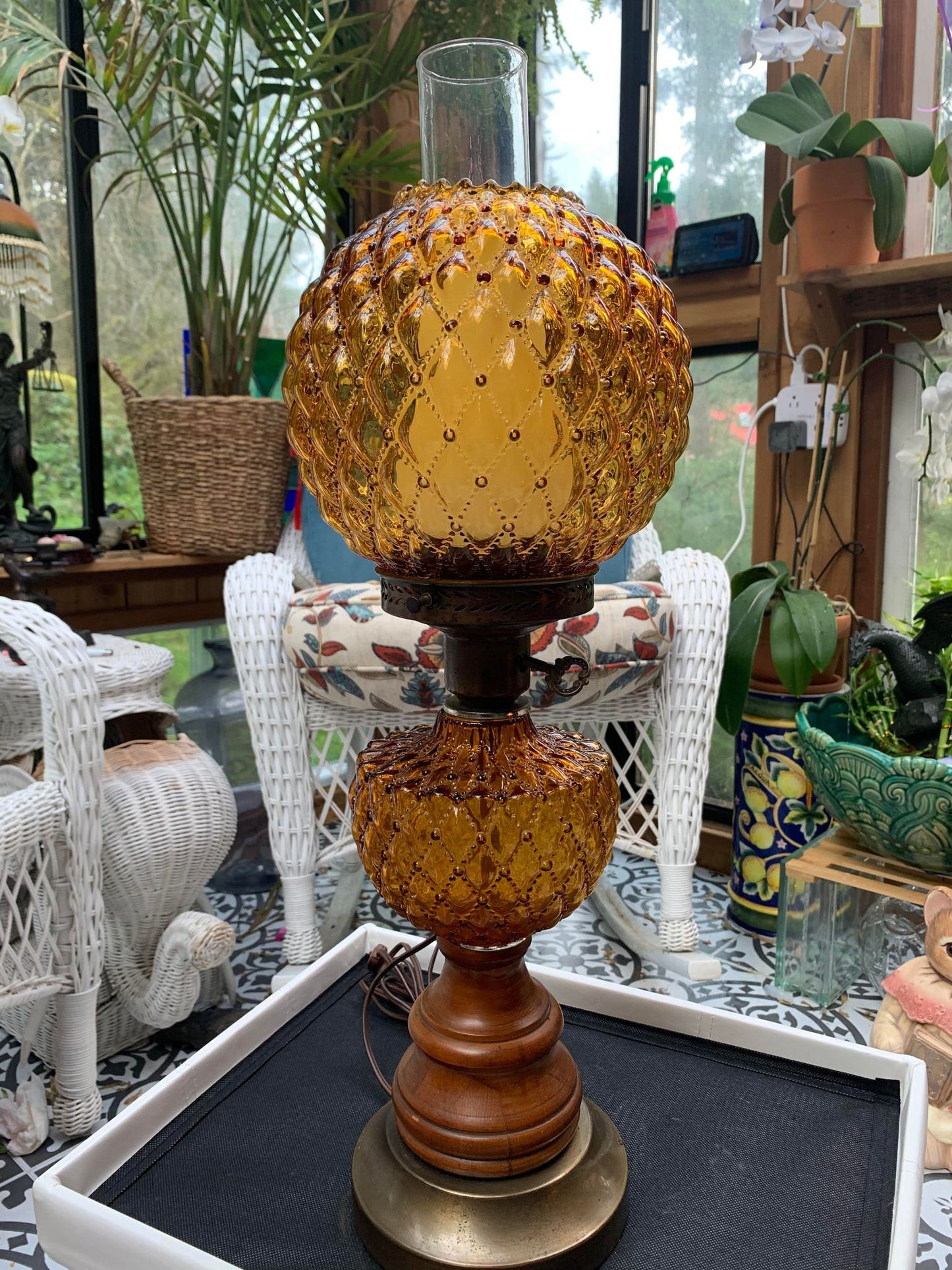 Vintage Fenton Diamond Quilted Pattern Amber Glass Hurricane Lamp