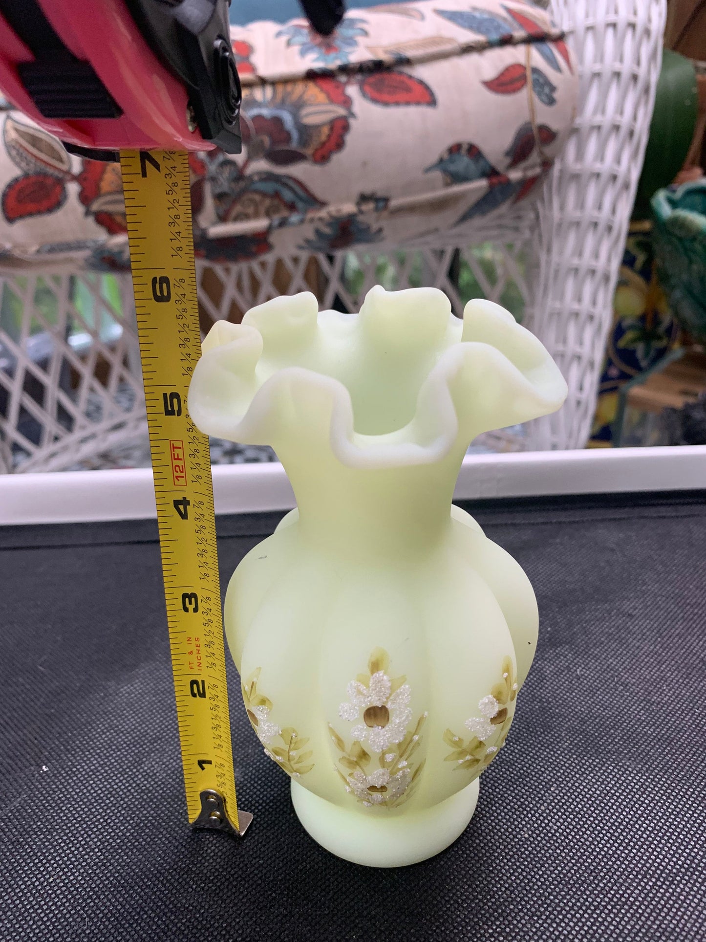 6 inch Fenton Uranium Bud Vase Hand painted and signed