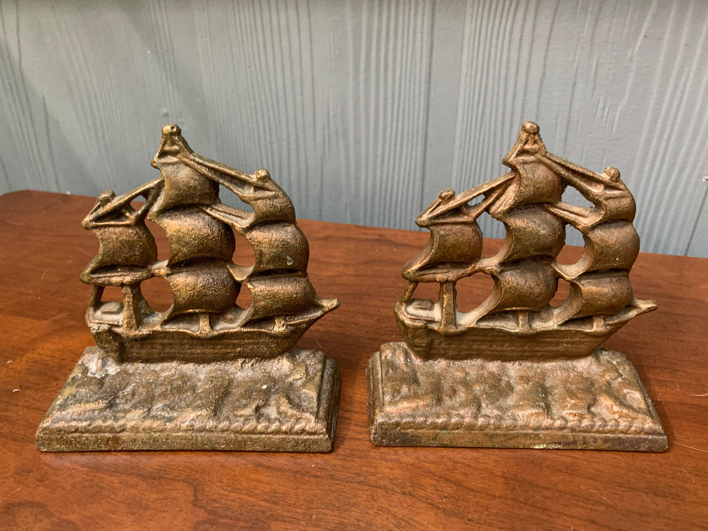 Vintage 60s Ship bookends. Cast bronze