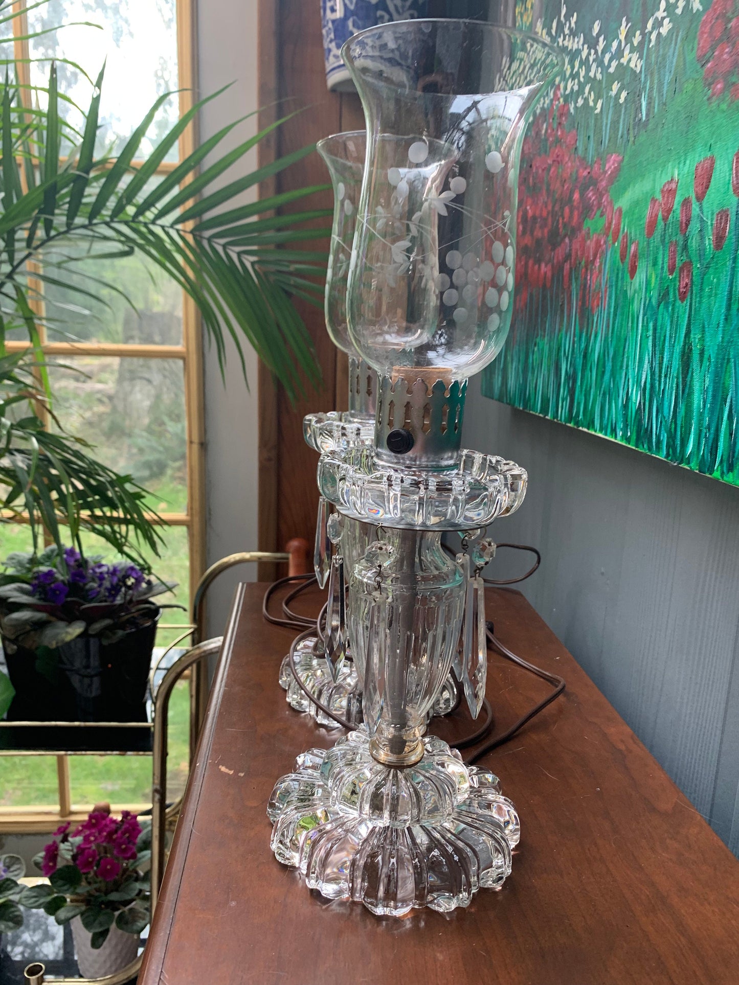 Rare find 1950's, crystal and cut glass with Etched Shade, Hollywood Style lamp with Icicle Dangling Crystals