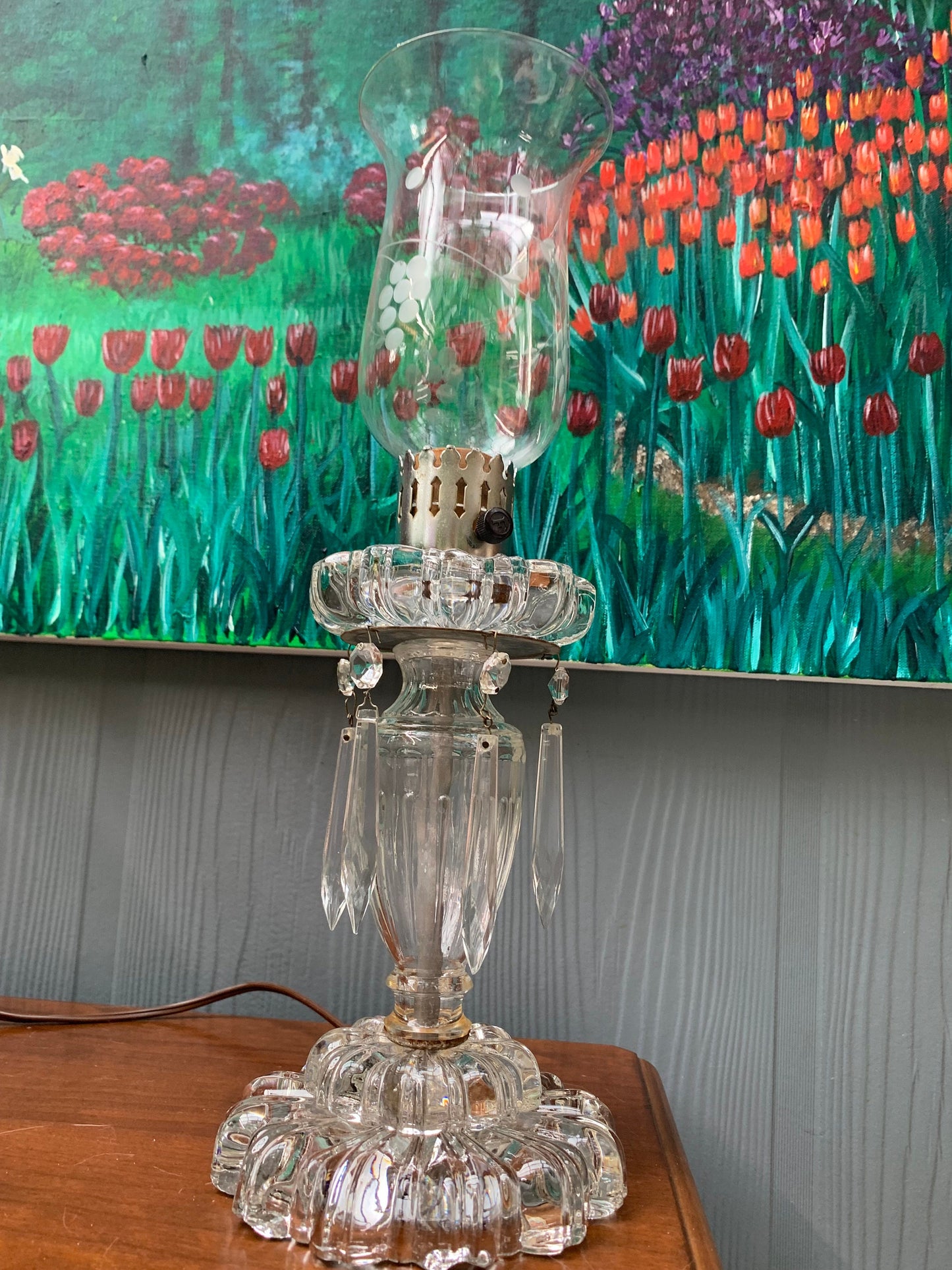 Rare find 1950's, crystal and cut glass with Etched Shade, Hollywood Style lamp with Icicle Dangling Crystals