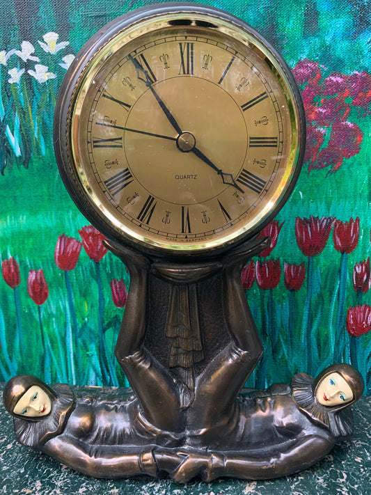 Art Deco Style Bronze Harlequin Clock (battery powered and working)