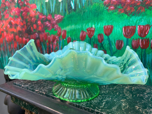 Vintage Antique JEFFERSON Glass Green Opalescent Ruffled Edge Grapes Bowl 8.5"