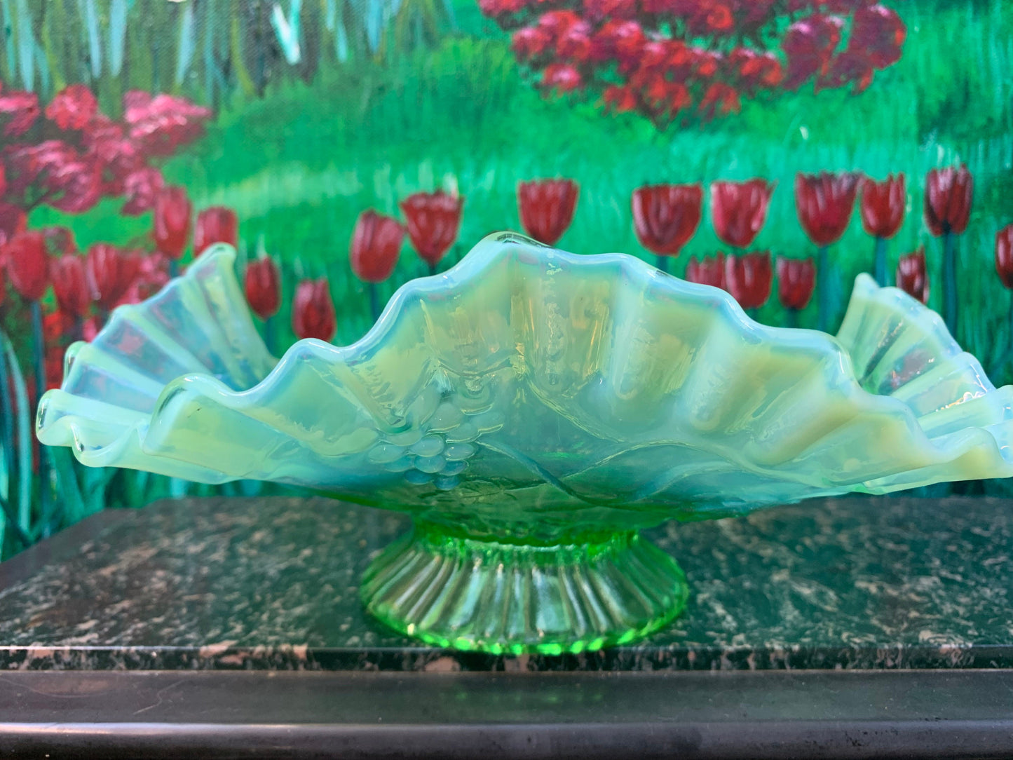 Vintage Antique JEFFERSON Glass Green Opalescent Ruffled Edge Grapes Bowl 8.5"