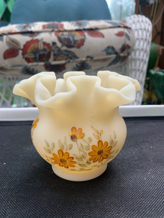 Lovely Fenton Ruffled Vase Hand painted and signed. Yellow daisy pattern