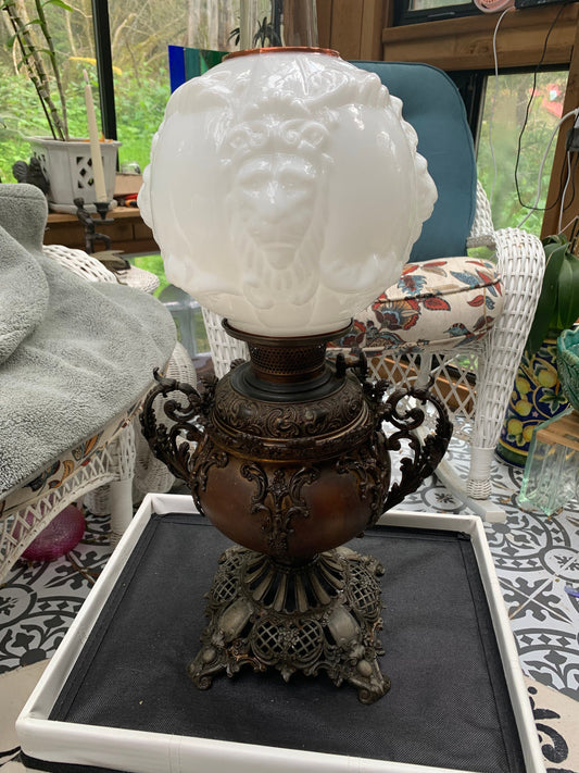 Rare Victorian B and H  Parlor Kerosene Oil Lamp Bradley & Hubbard Center Draft Lamp with Lion Face Round Shade