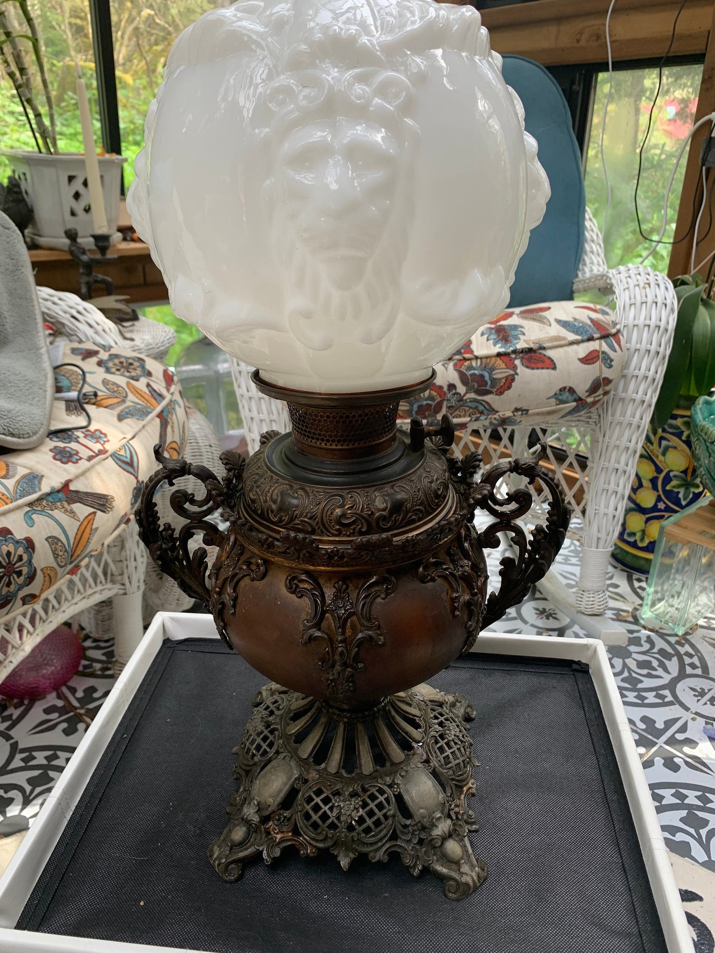 Rare Victorian B and H  Parlor Kerosene Oil Lamp Bradley & Hubbard Center Draft Lamp with Lion Face Round Shade